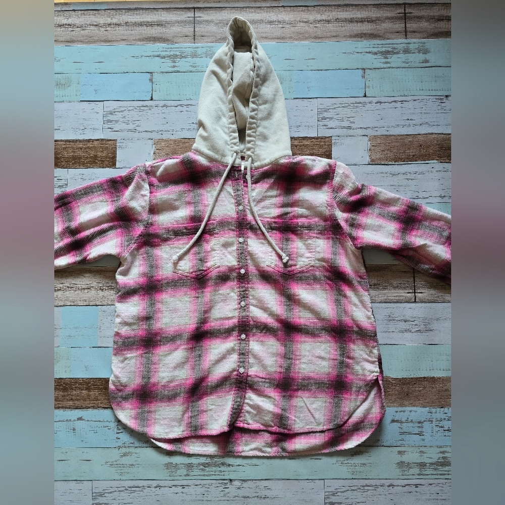 American Eagle Outfitters Kids Pink Plaid Hooded Button-Up Shirt